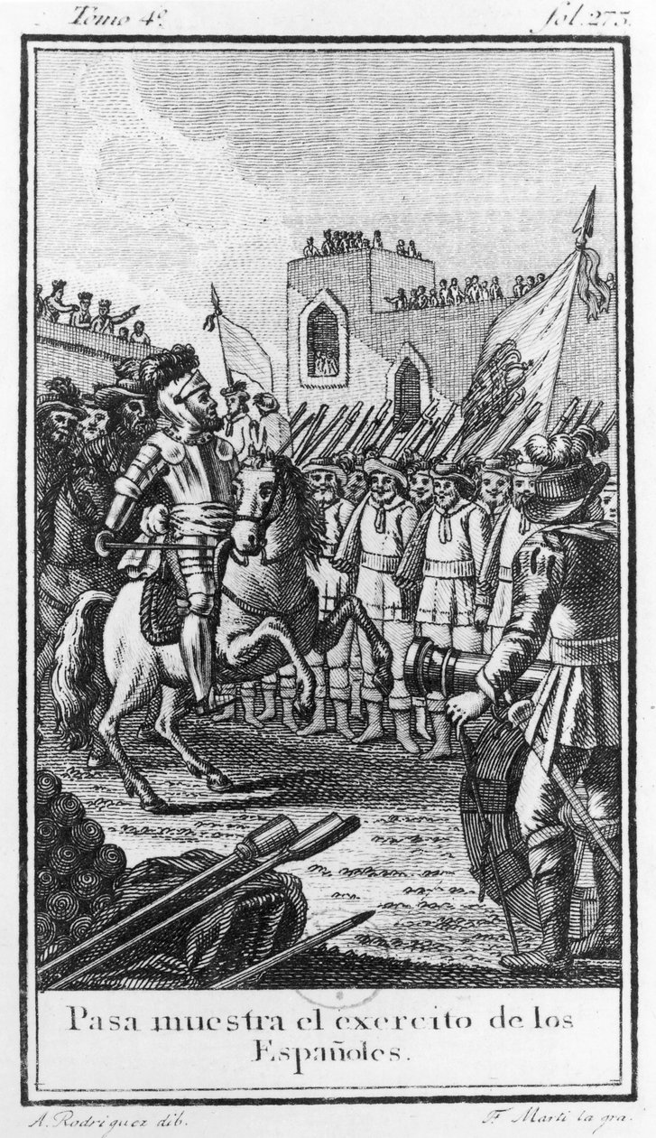 Hernando Cortes（1485-1547）回顾他的部队，由Antonio Rodriquez雕刻 作者 马蒂