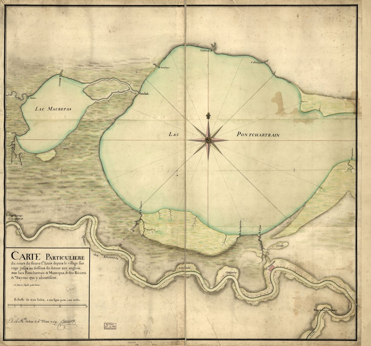 圣路易斯河从荒野村庄到 Detour aux Angloix 下方、Pontchartrain 湖和 Maurepas 湖以及通向那里的河流和河口的详细地图 作者 F.索西尔