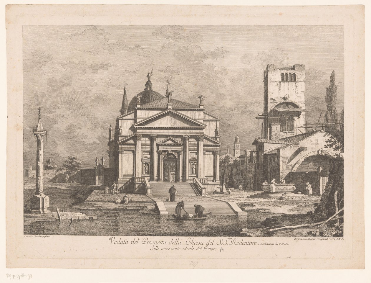 威尼斯救主堂 (Il Redentore) 的景观 Veduta del Prospetto della Chiesa del S.S.mo Redentore（物体上的标题） 卡纳莱托设计后的威尼斯景观（系列标题） 作者 法比奥·贝拉迪