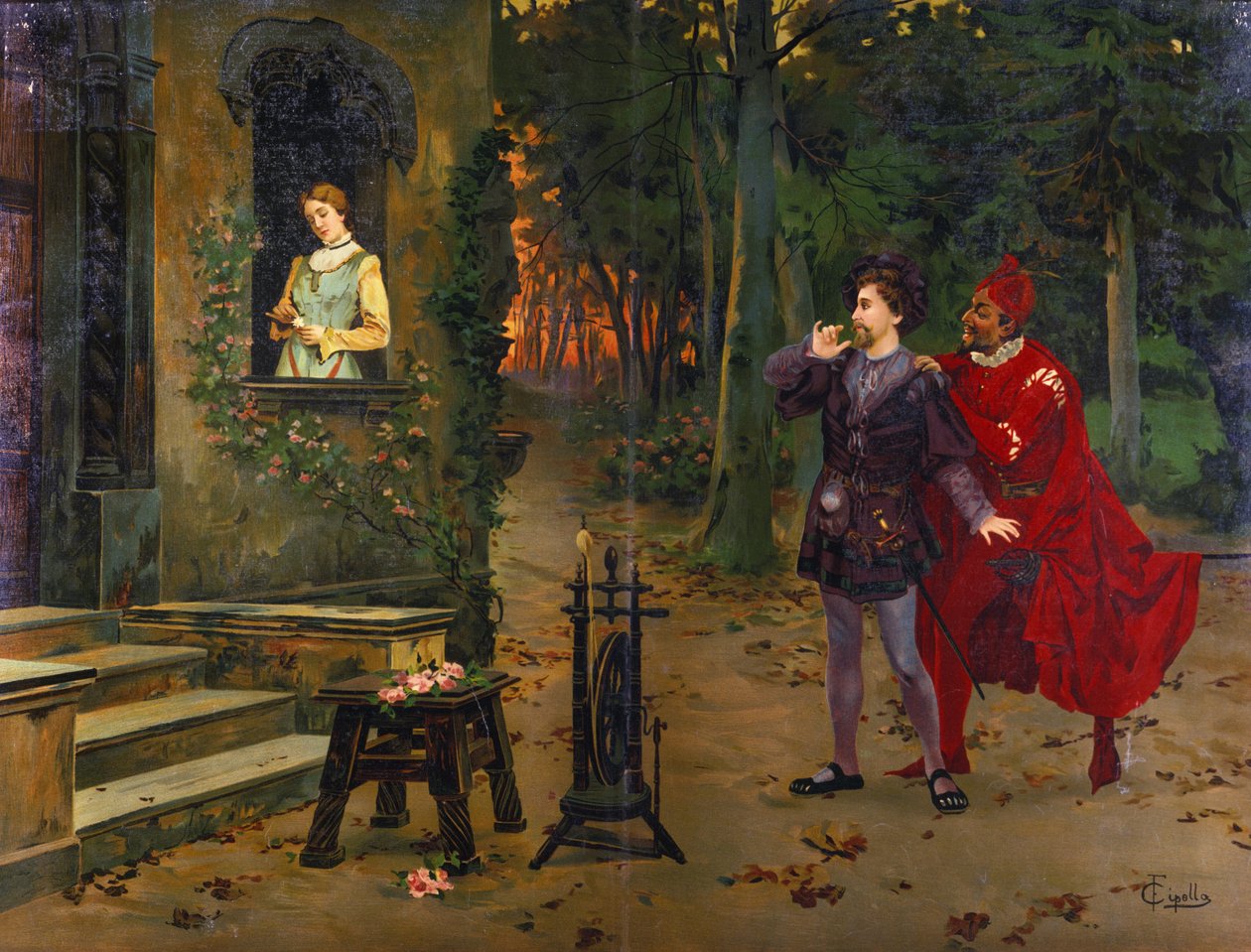与玛格丽特的会面。梅菲斯特（Mephistopheles）。查尔斯-古诺（1818 - 1893）的歌剧《浮士德》插图，F. Cipolla的彩色石版画。 作者 法比奥·西波拉（Fabio Cipolla）