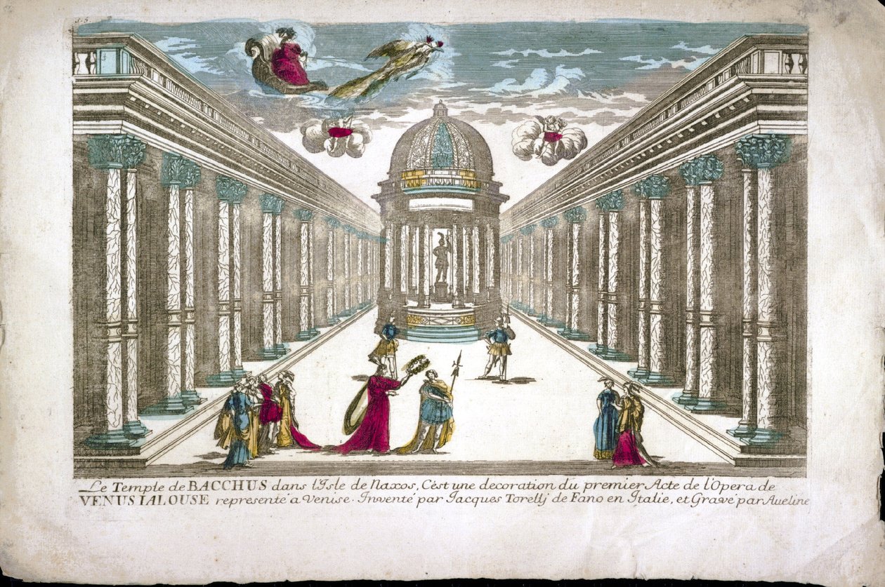 巴克斯神庙 弗朗切斯科·萨克拉蒂 (Francesco Sacrati) 的歌剧“La venere gelosa”（嫉妒维纳斯）第一幕的插图。 雅格布·托雷利 (Jacopo Torelli) 的装饰 作者 家庭艾弗琳