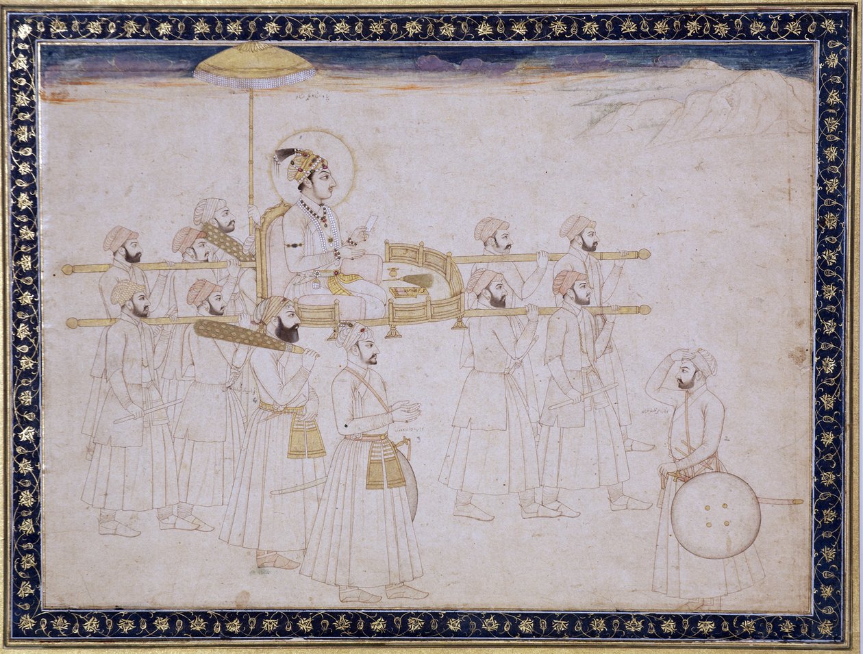 穆罕默德·沙阿（Muhammad Shah）带着一个轿子，第1735页（纸上不透明的黄金和黄金） 作者 法基拉