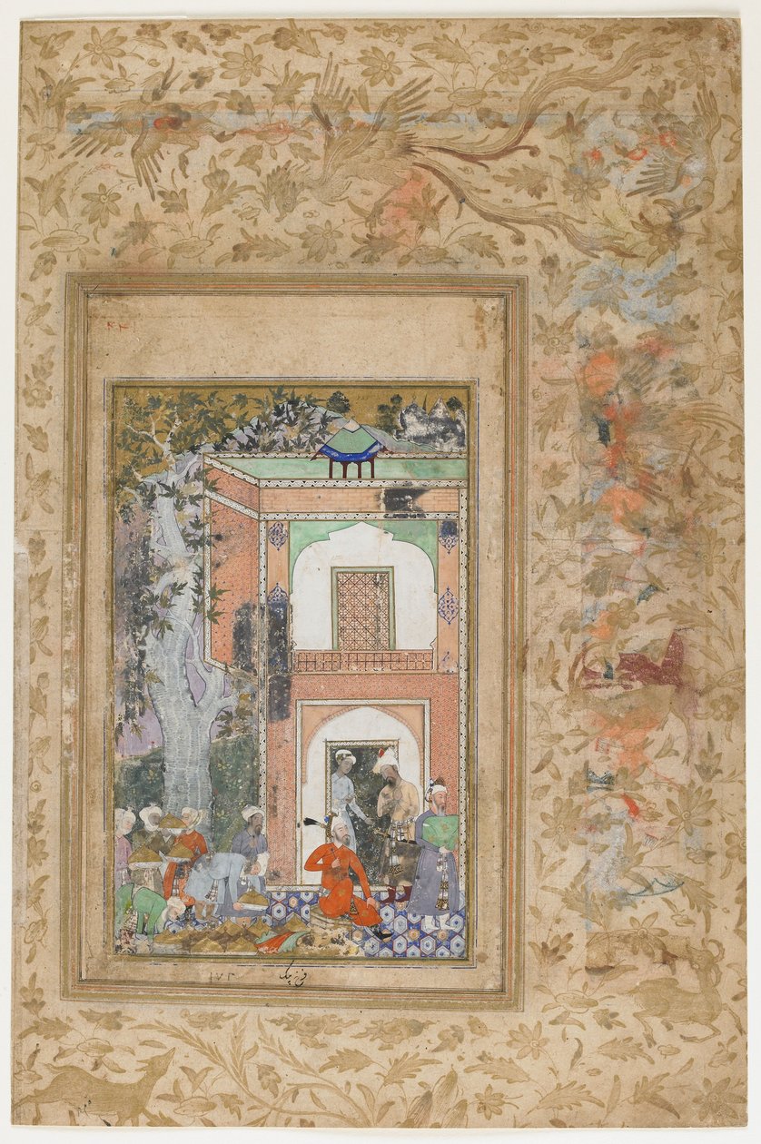 Babur在Sultan Ibrahim Lodis Palace进行娱乐活动，来自Zahir-al-Din Muhammad Babur分散的Baburnama（Tuzuk-i Baburi）副本，1585年（wc，墨水和黄金在纸上） 作者 法鲁克·贝格