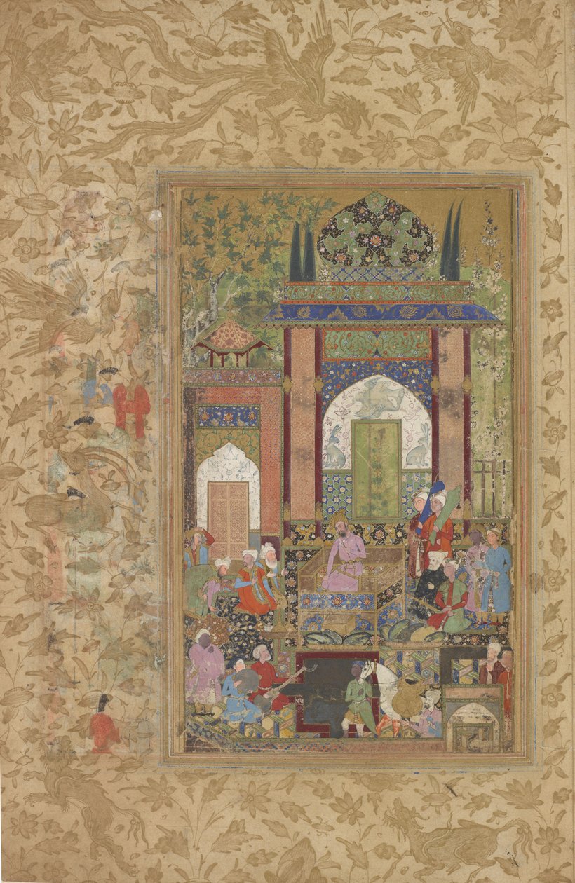 Babur从Zahir-al-Din Muhammad Babur的分散副本Baboundama（Tuzuk-i Baburi）收到一个朝臣，分离的对开，第1580-85页（wc，墨水和黄金在纸上） 作者 法鲁克·贝格