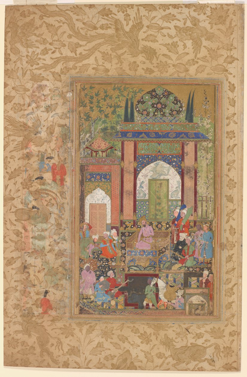 巴布尔接见朝臣，约 1580-85 年（纸面水彩和金色） 作者 法鲁克·贝格