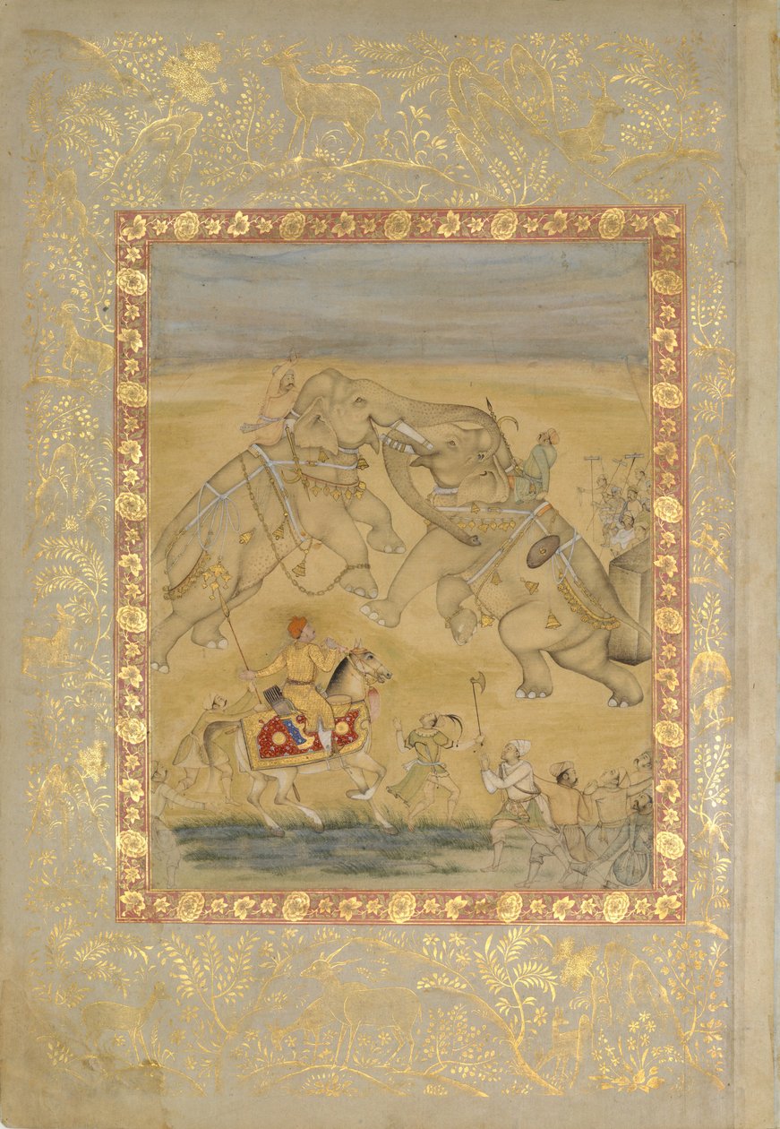 贾汉吉尔观看大象搏斗，约1605年。 作者 法鲁赫·切拉（Farrukh Chela）