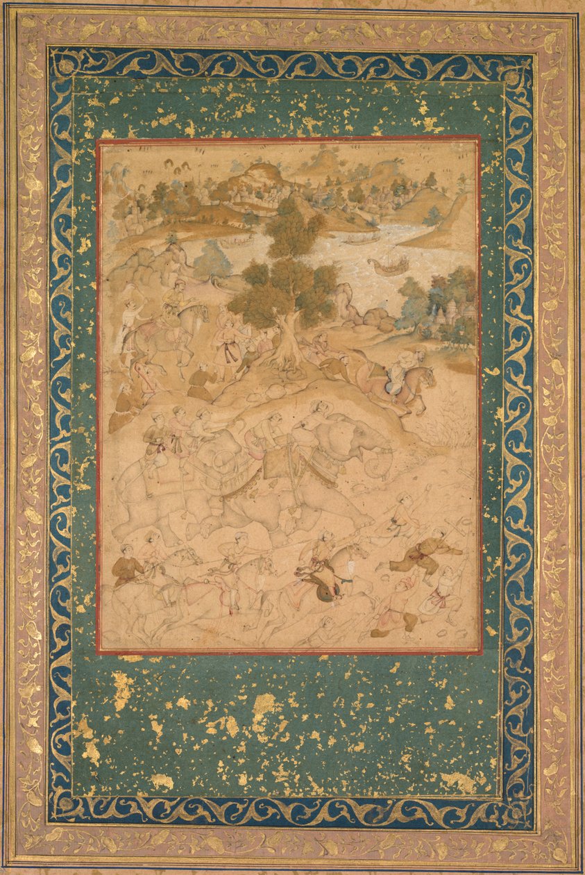 1564年，阿克巴在马尔瓦监督捕获野象，画作90...，约1602-3年 作者 法鲁克·切拉