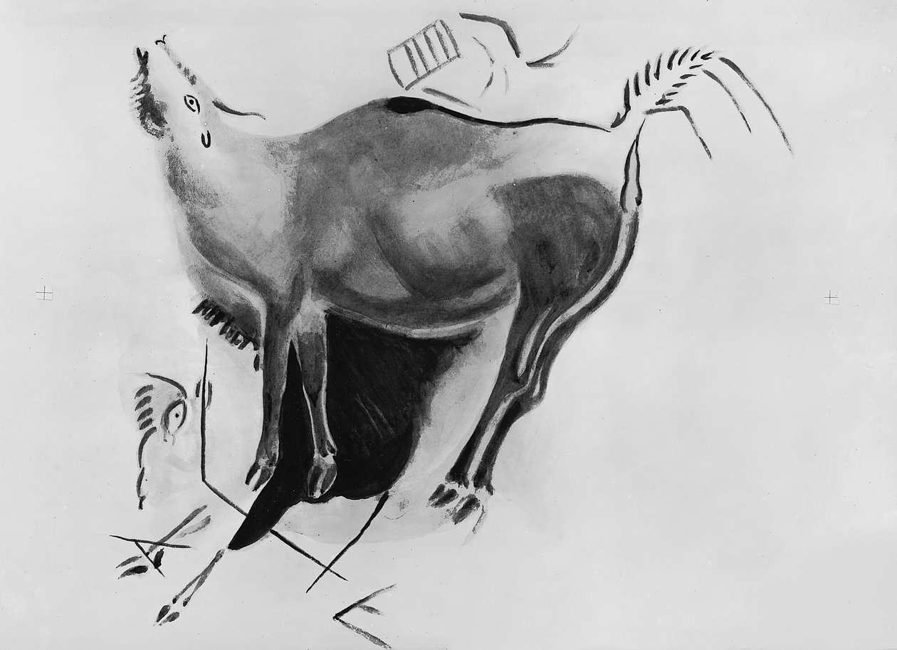 阿尔塔米拉洞穴的岩画复制描绘了雄鹿的倒角（bw照片） 作者 富康网
