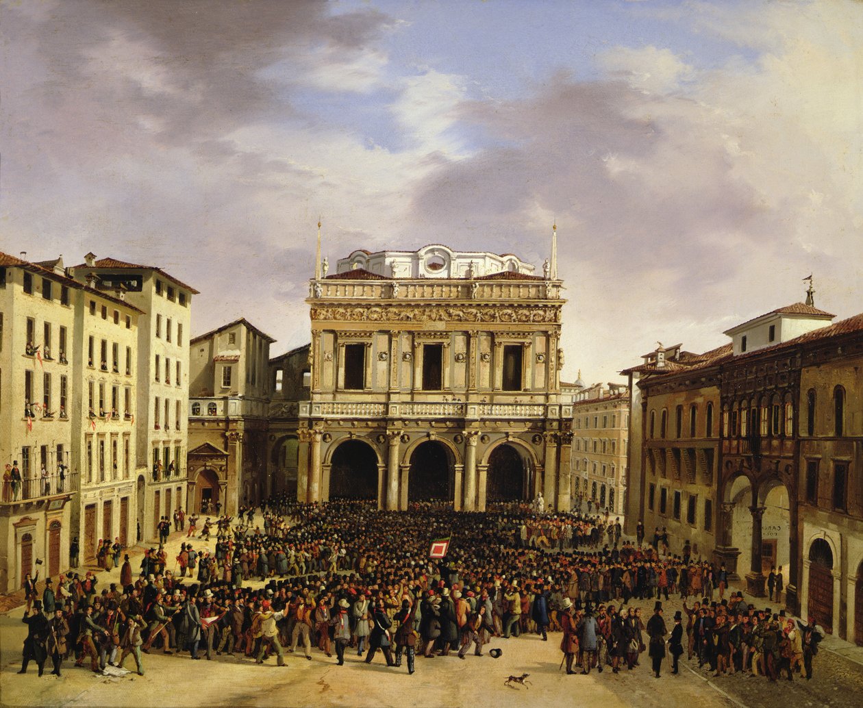 布雷西亚人民于1849年3月23日聚集在Piazza della Loggia广场 作者 福斯蒂诺·乔利