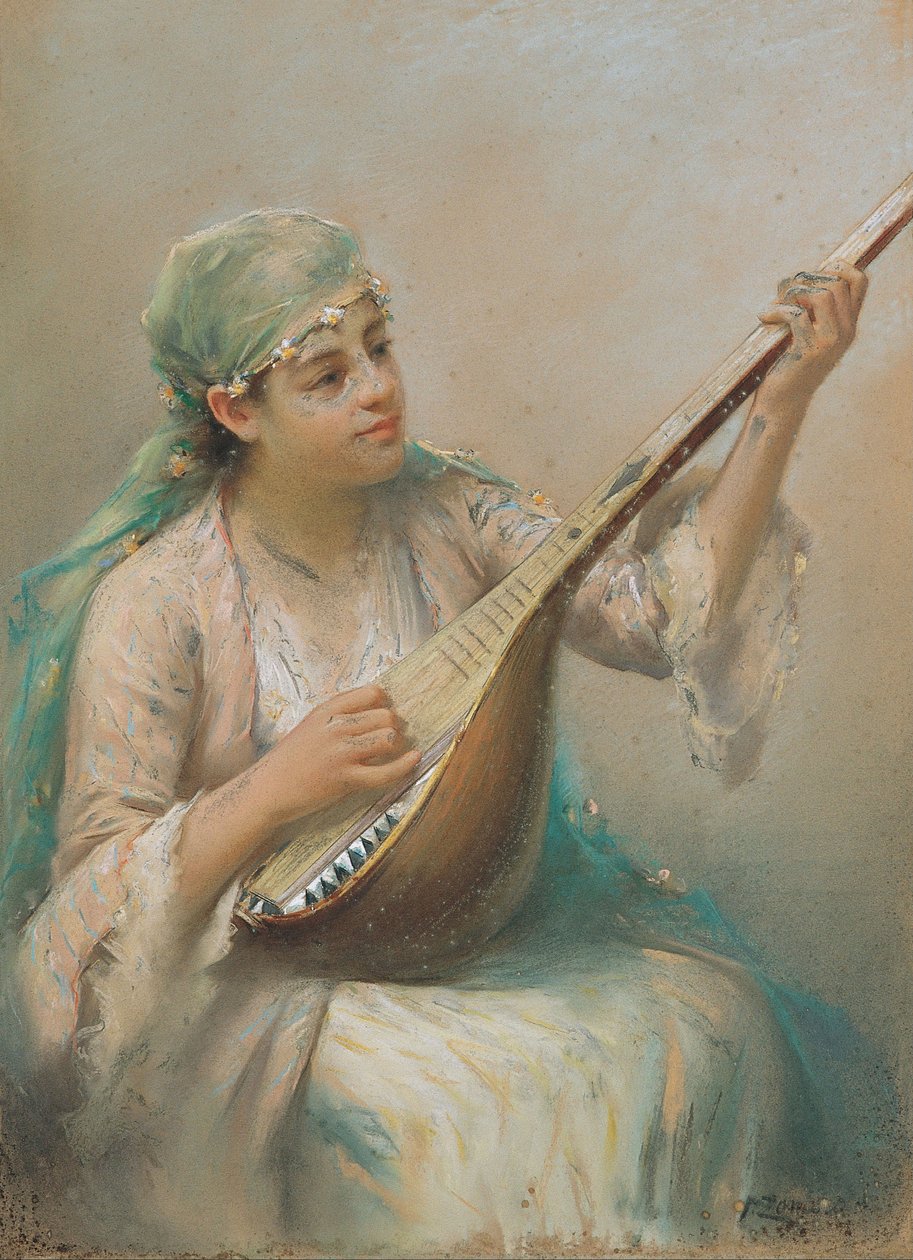 女人演奏琵琶 作者 福斯托·佐纳罗（Fausto Zonaro）