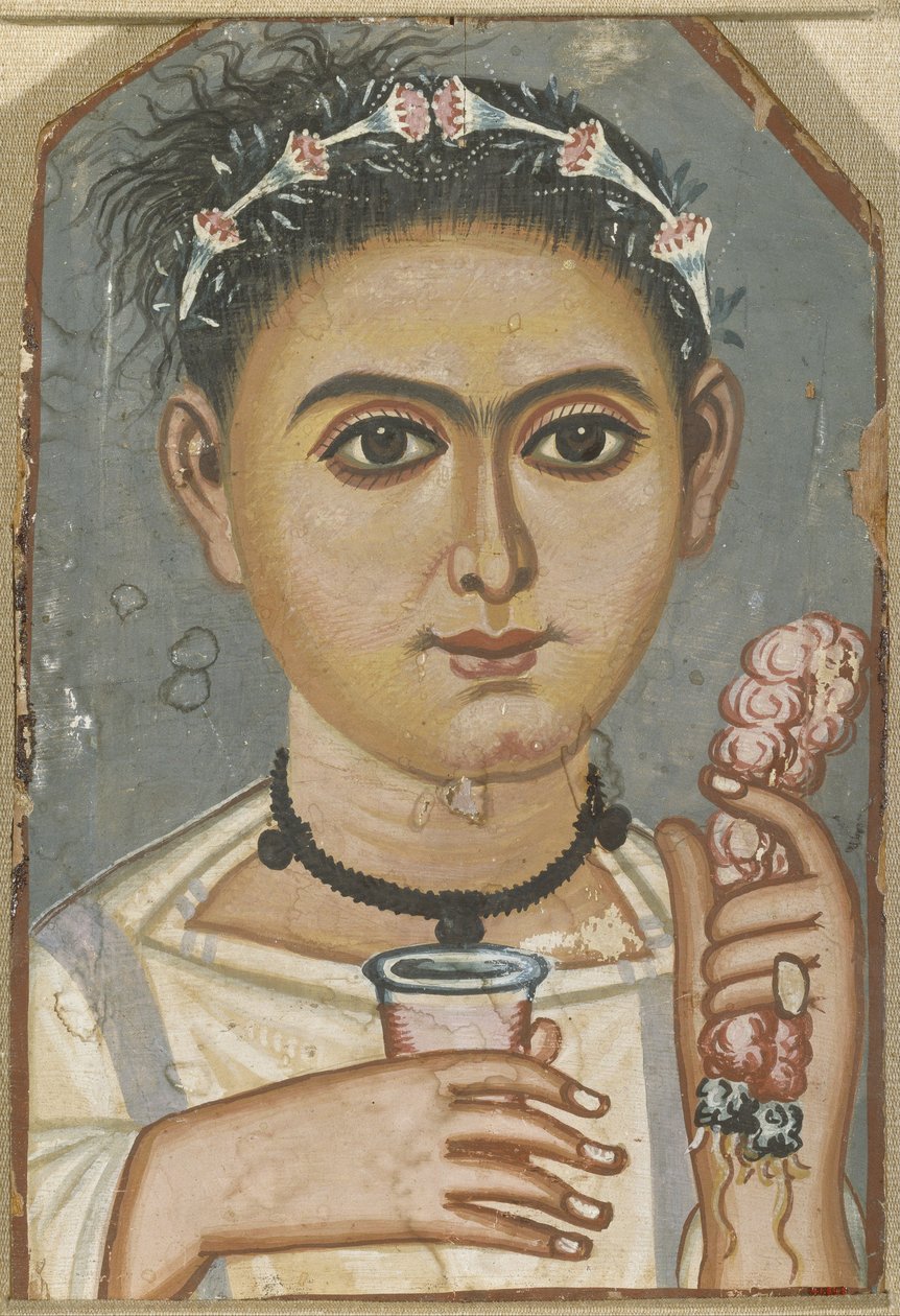 头发上戴着花环的男孩，约200-230年 作者 Fayum 木乃伊肖像