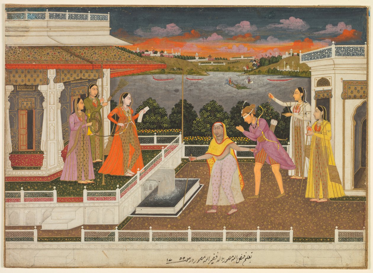 一个被蒙住眼睛的求婚者被带到公主面前，背面：滚动的花藤，1755年。 作者 法祖拉
