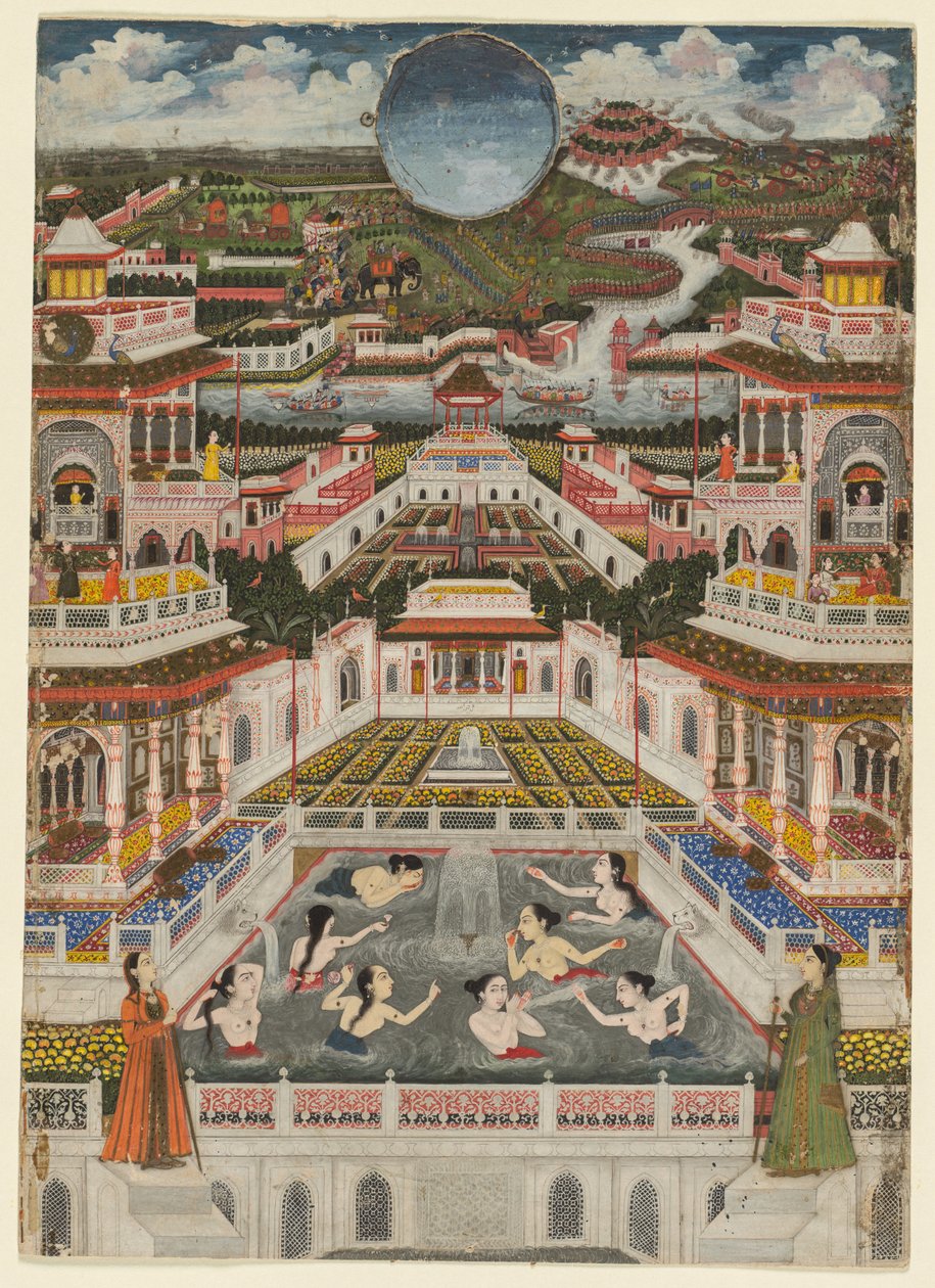 在建筑全景图前洗澡的妇女，约1765年。 作者 法祖拉