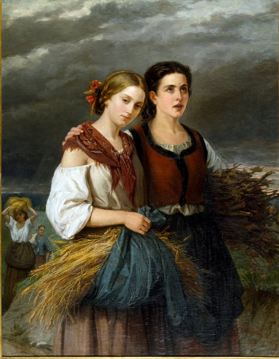 田地的回归 两个围裙围着麦穗的年轻农民站在一起。 Federica Giuliano Gervasoni (1838-1915) 1863 年作画。 135x105 厘米 Genes Nervi，Galleria d