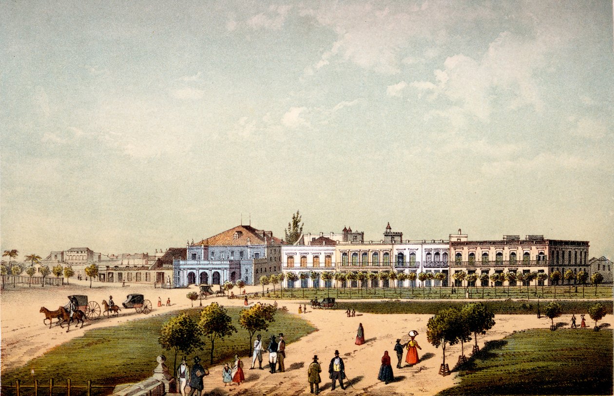 Teatro de Tacon和Paseo de Isabel II的一部分，从Monseratte门看到，1840年 作者 费德里科·米里亚（Federico Mialhe）