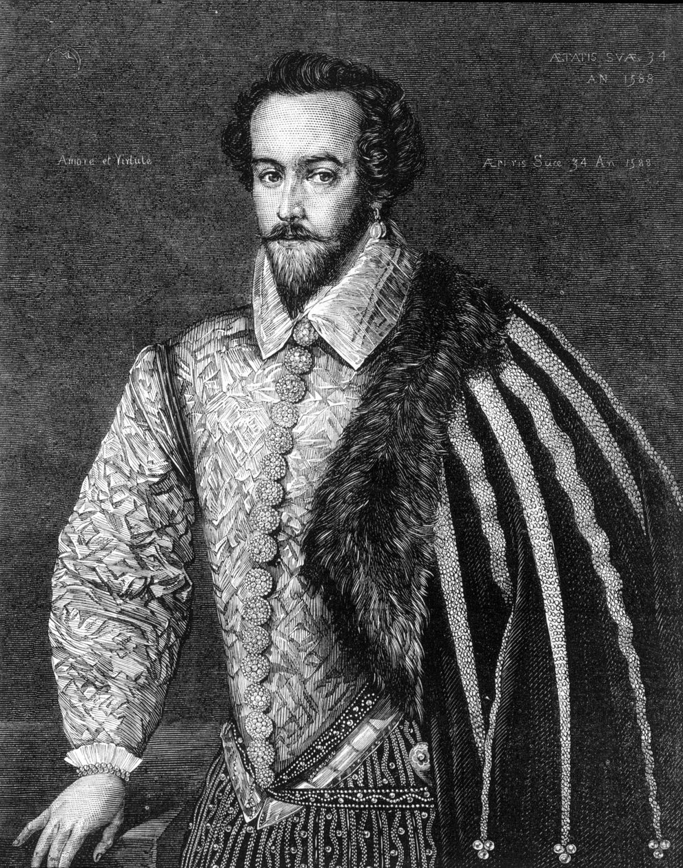 Portrait of Sir Walter Raleigh (1554 - 1618), English navigator, courtier, and writer. Engraving after a painting attributed to Federico Zuccaro (or Zuccari) (1549 - 1609) of 1588. 作者 费德里科（后）Zuccari或Zuccaro