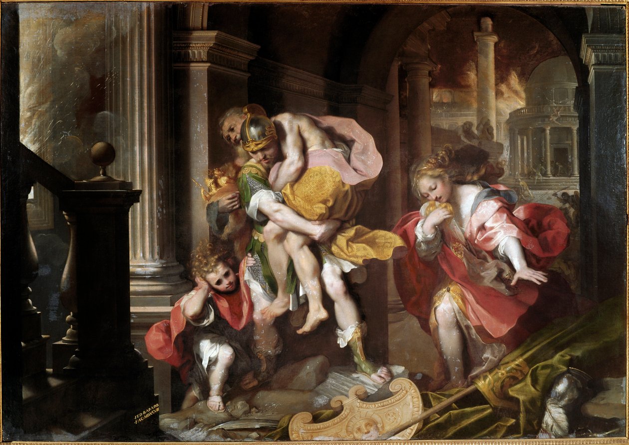 Enee 背着他的父亲 Anchise 逃离特洛伊木马的火 绘画 Federico Fiori dit il Barocci (1528/35-1612) 1598 Sun。 179x253 厘米罗马，博尔盖塞美术馆 作者 费德里科·菲奥里（Federico Fiori）Barocci或Baroccio