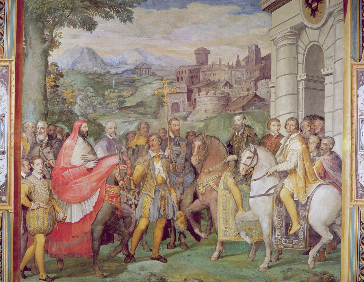 查尔斯五世（1500-58）与Alessandro Farnese（1546-92）在沃尔姆斯，来自&39;Sala dei Fasti Farnese&39;（法尔内塞的辉煌殿堂），1557-66（见95812） 作者 费德里科·祖卡罗