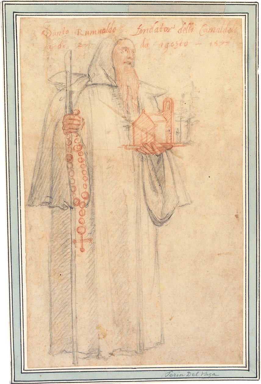 Vallombrosa的Camaldolites检察官Fra Stefano，作为Saint Romuald，手持教堂和念珠的模型，1577年 作者 费德里科·祖卡罗