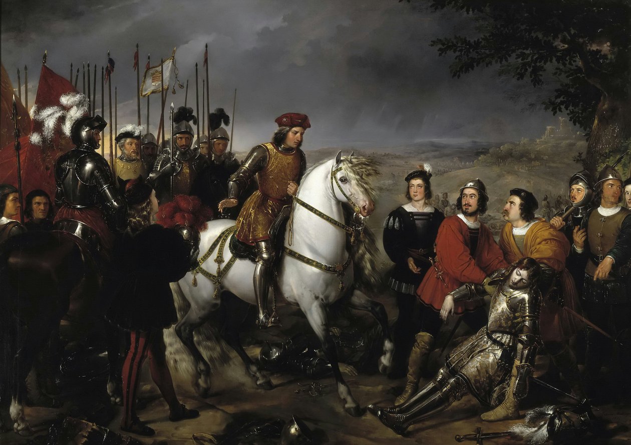 西班牙语：El Gran Capitán recorriendo el campo de la batalla de Ceriñola Gonzalo Fernández de Córdoba at the Battle of Cerignola
 或西班牙文： El Gran Capitán después de la batalla de Ceriñola encuentra el cadáver de Luis de Armagnac Gonzalo Fernández de Córdoba 作者 费德里科·德·马达拉佐·昆茨