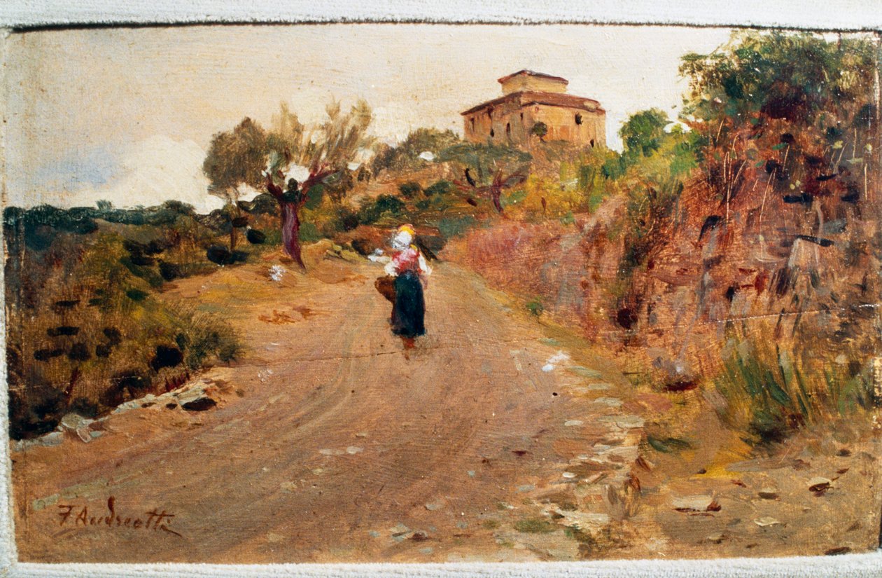 街上的农民，约1900年，费德里科-安德烈奥蒂（1847-1930），板上油画，9x15厘米，意大利 作者 费德里戈·安德烈奥蒂（Federigo Andreotti）