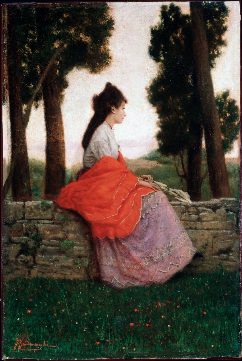 坐在小墙上等待某事的年轻女士 - Federico Zandomeneghi (1841-1917) 私人收藏 作者 费德里戈·赞多梅内吉