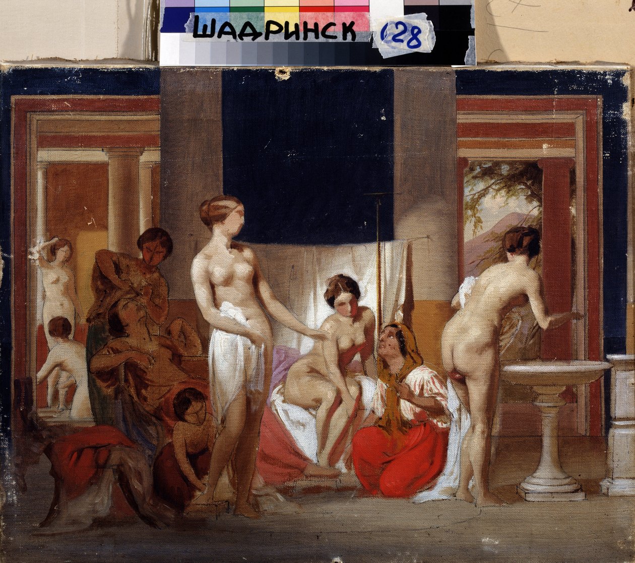 Le bain des femmes a Pompei (Italie)（庞贝的女浴池）。费奥多-安德烈耶维奇-布朗尼科夫（1827-1902 年）的绘画。水彩画 作者 费多·安德烈耶维奇·布朗尼科夫