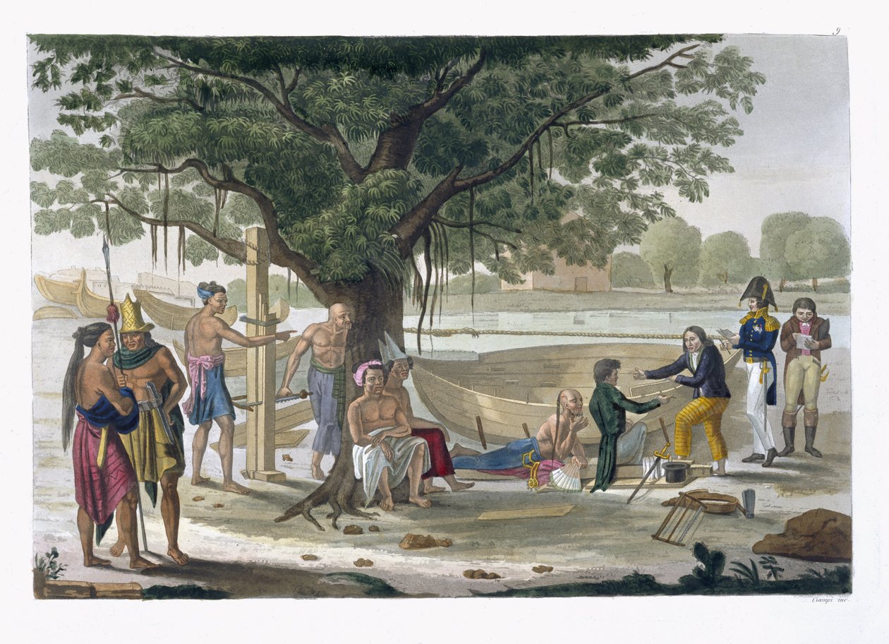 位于帝汶古邦附近的Kupang船坞，由Jules Ferrario撰写的“The Old and Modern Costume”9号板块，于1820年代至30年代出版 作者 菲利斯·坎皮（Felice Campi）