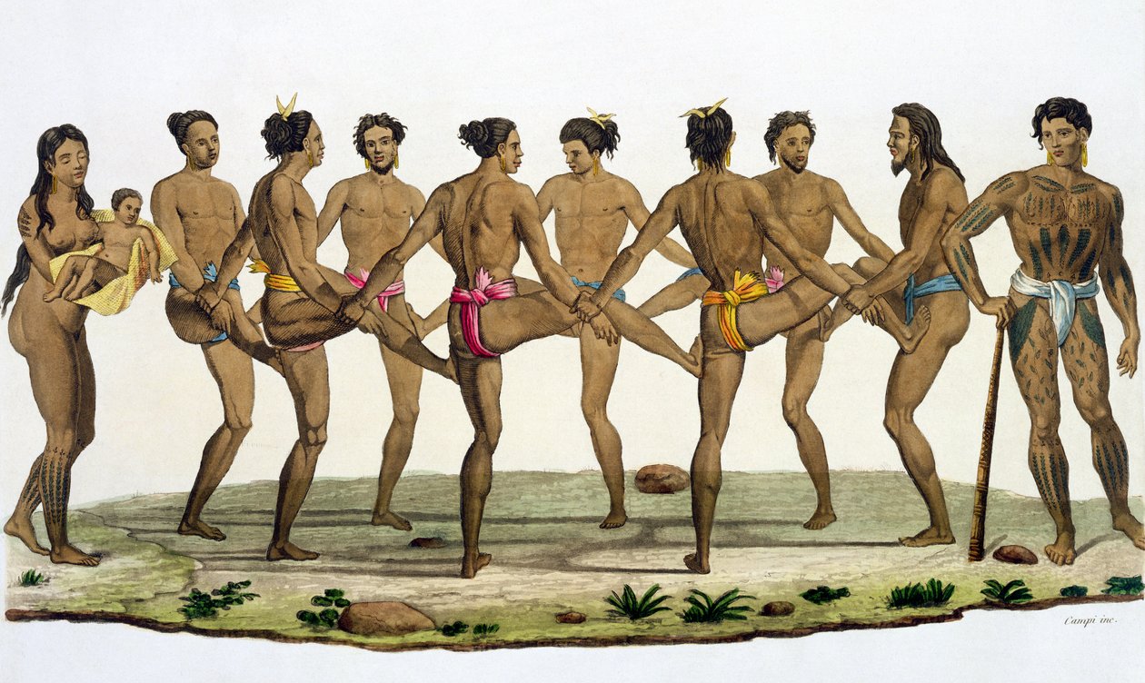 卡罗琳岛民的舞蹈，来自Jules Ferrario的&39;Le Costume Ancien et Moderne&39;的22号板，出版于1820年代至30年代 作者 菲利斯·坎皮（Felice Campi）