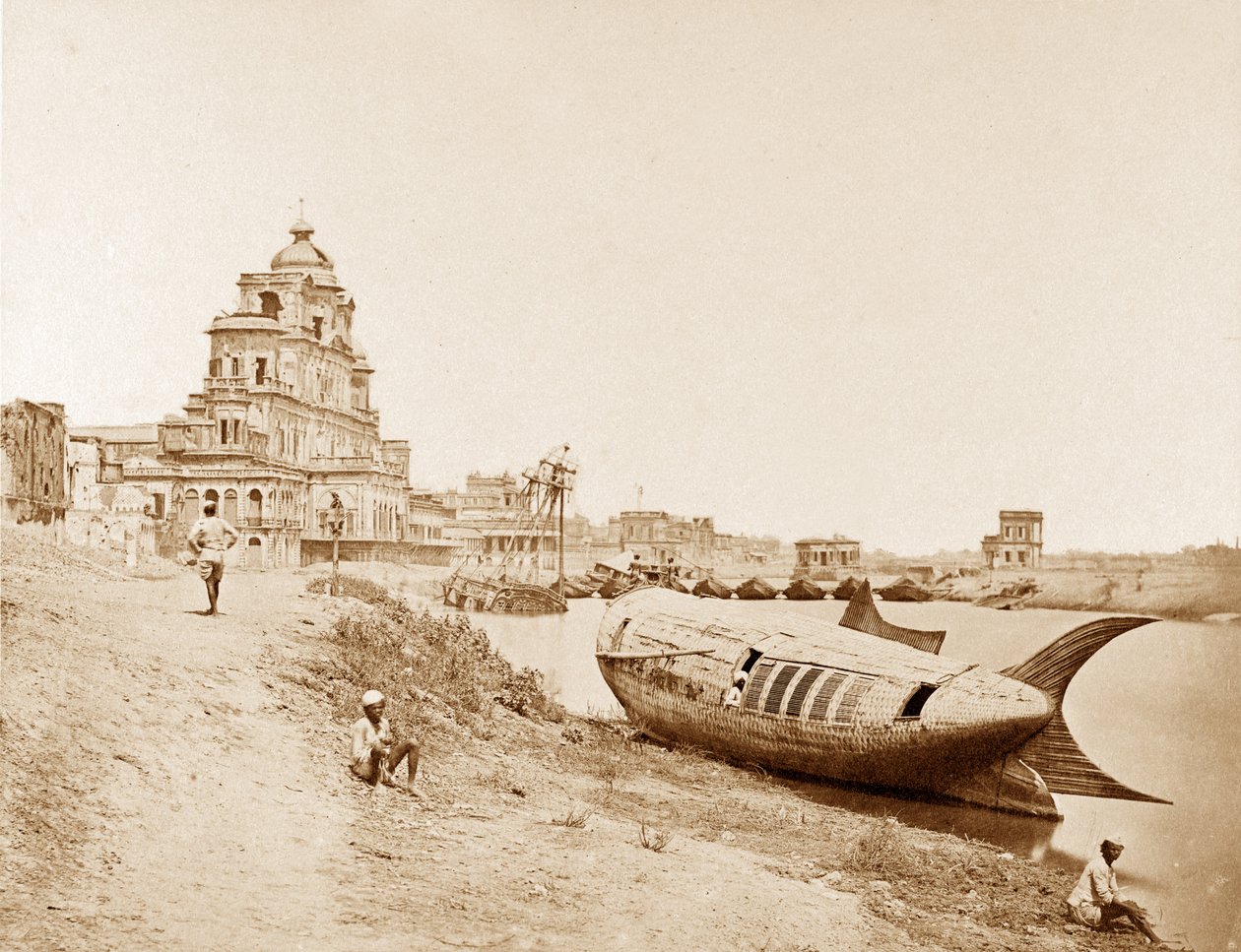 查塔尔曼齐尔宫与国王的船在河Gumti，勒克瑙，在印度叛变期间，1858年 作者 菲利斯·比托（Felice Beato）