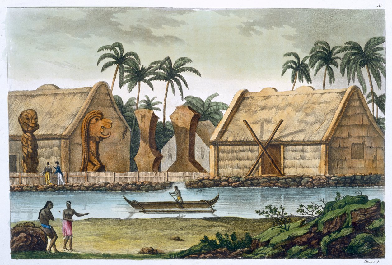 三明治群岛Kaiakakooa的Tamahamah墓"，约1820-1839年 作者 菲利斯·坎皮（Felice Campi）