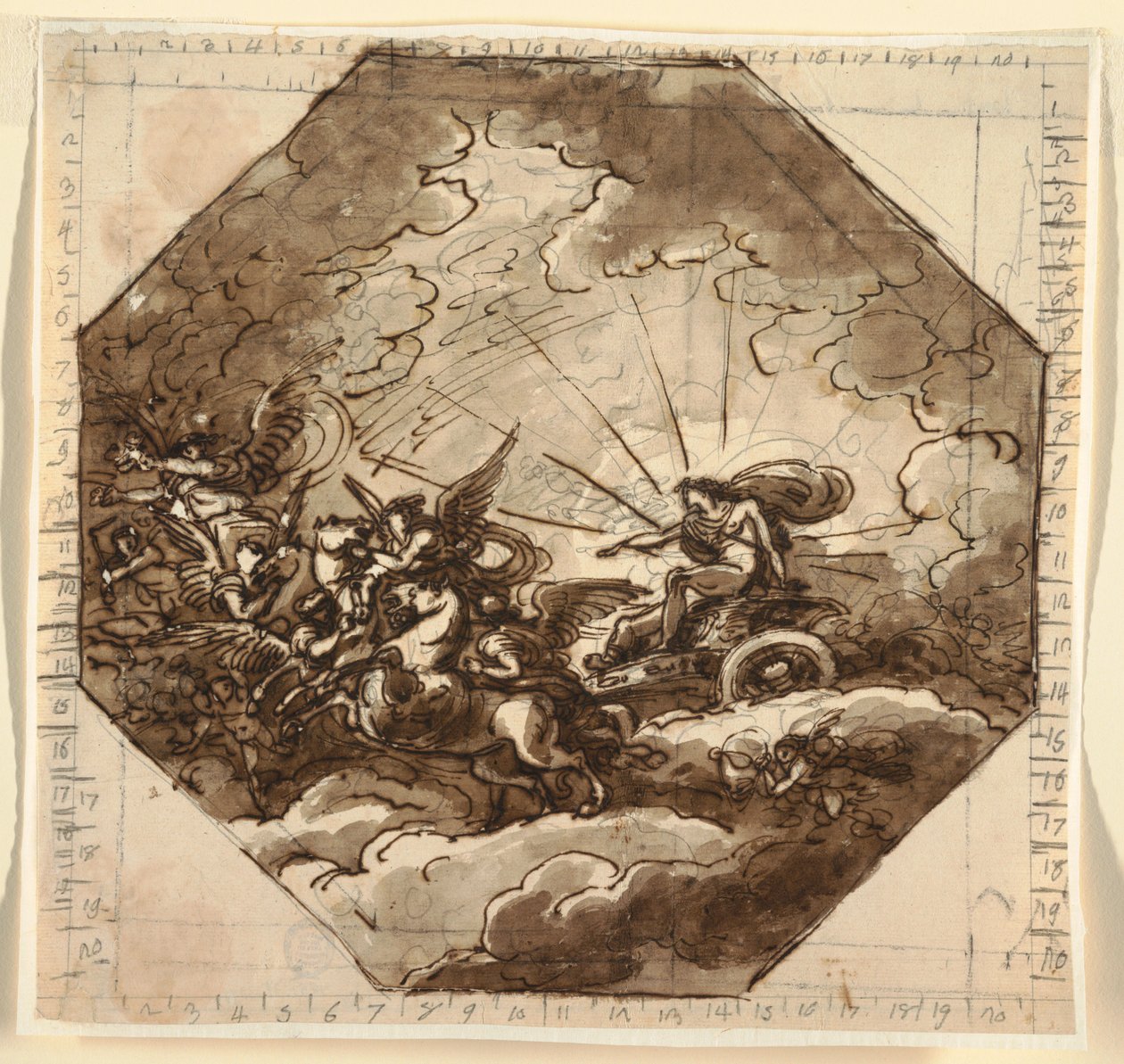 素描，阿波罗与欧若拉乘坐的战车，Sala Ottogonale，米尔泽蒂宫，法恩扎，1804-05 年 作者 菲利斯·贾尼
