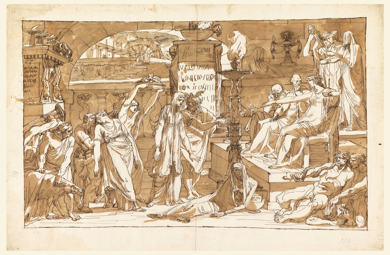 素描，哈迪斯；冥界中的珀耳塞福涅（向普罗塞宾献祭），约 1820 年 作者 菲利斯·贾尼