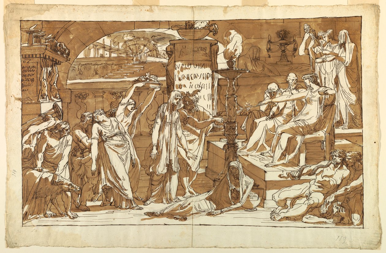 素描，哈迪斯；冥界中的珀耳塞福涅（向普罗塞宾献祭），约 1820 年 作者 菲利斯·贾尼