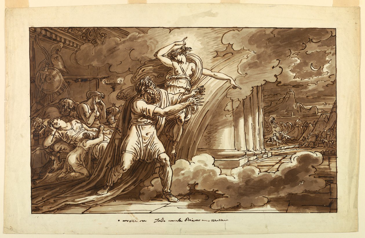 绘画，伊里斯鼓励普里阿姆从阿喀琉斯手中乞讨赫克托耳的尸体，1810-20 年 作者 菲利斯·贾尼