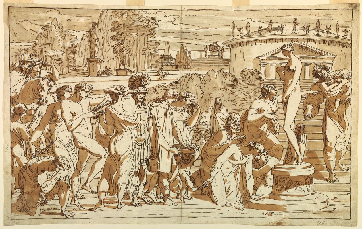 素描，古典风景中的维纳斯崇拜，约 1820 年 作者 菲利斯·贾尼
