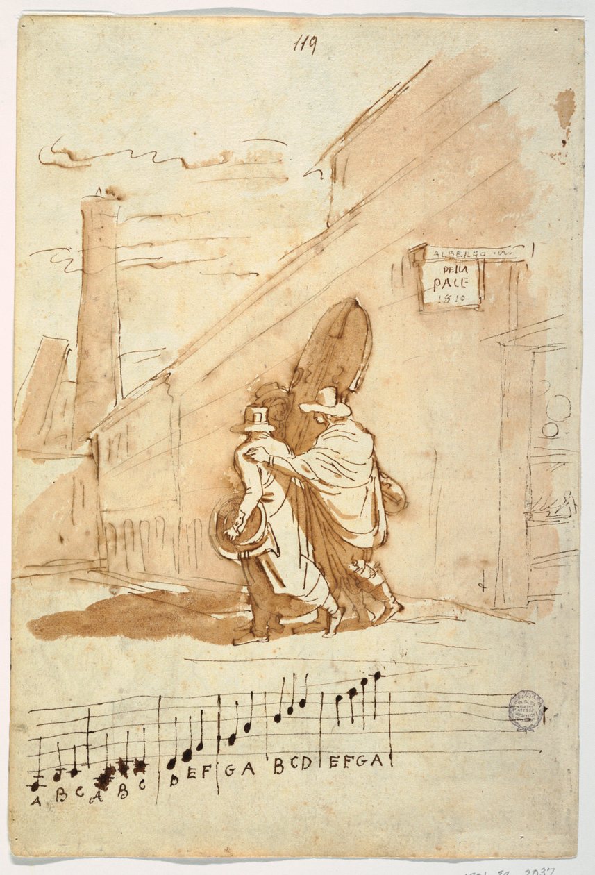 正面三位音乐家在 Albergo Della Pace 门前，1810 年 作者 菲利斯·贾尼