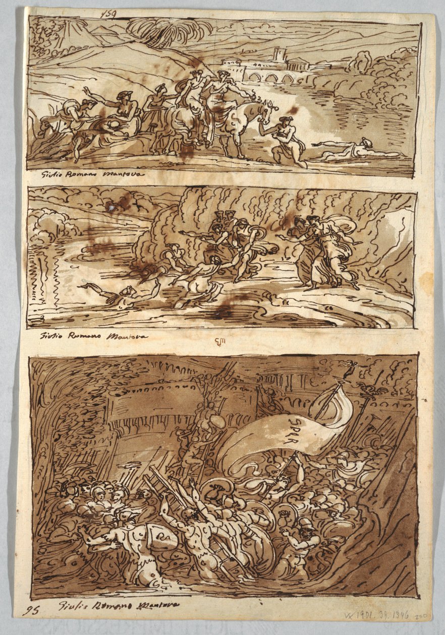 素描本页，对开页 95：朱利奥-罗马诺之后的三幅画；背面：狮子和鹰 作者 菲利斯·贾尼
