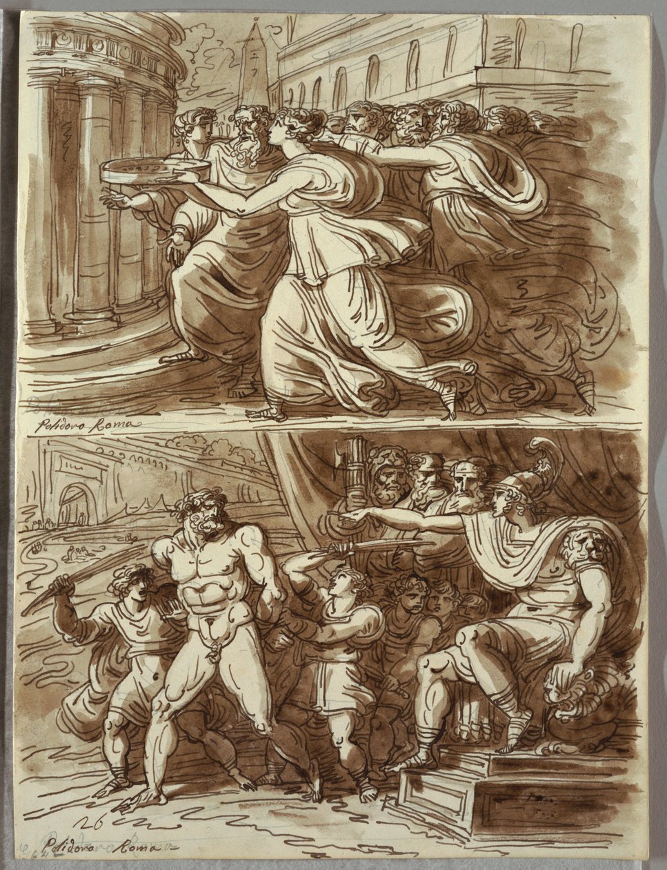 Vestal Tuccia 用筛子盛水；两幅根据 Polidoro da Caravaggio 创作的作品 作者 菲利斯·贾尼