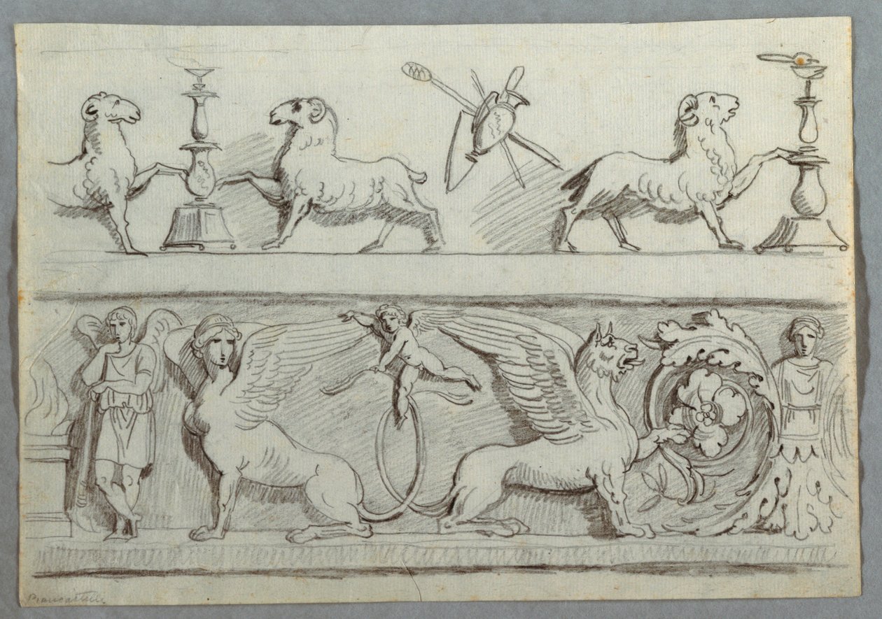 带有公羊、烛台、奖杯和普蒂的两块楣板 作者 菲利斯·贾尼