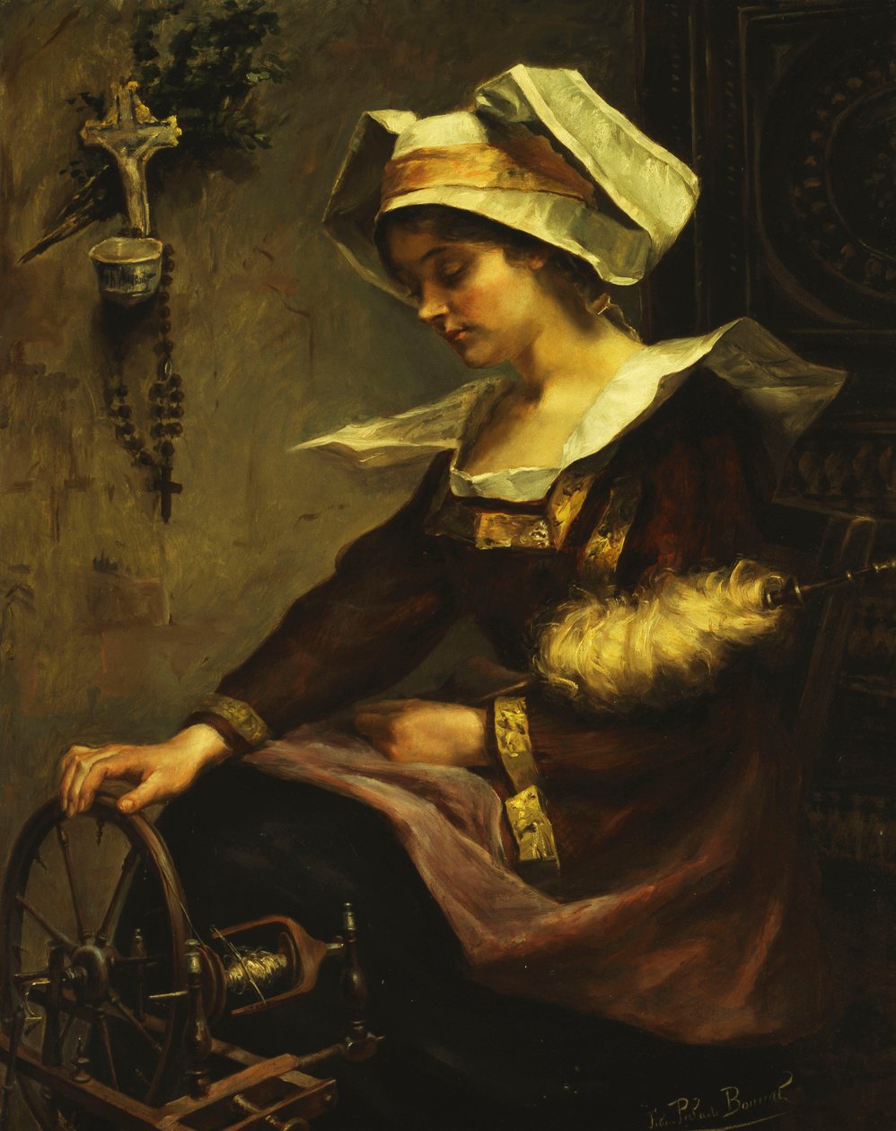 年轻的布列塔尼妇女和纺锤；Jeune Bretonne au Rouet（布面油画） 作者 Felicie Palade Bonnal
