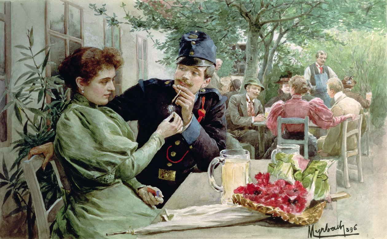 士兵和一个年轻女孩喝新酒，1896年 作者 Felicien男爵de Myrbach Rheinfeld