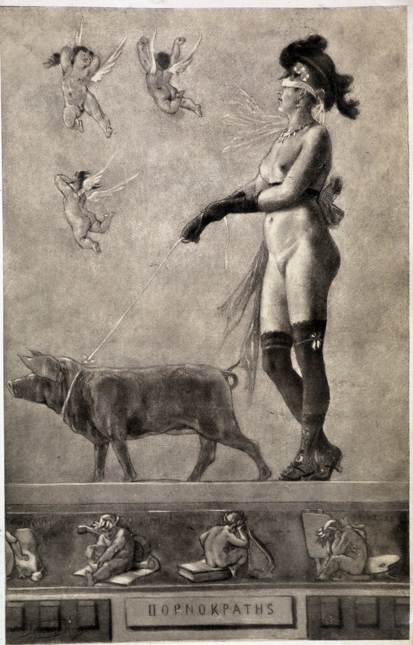 Pornokrates（裸体女人，眼带，被天使包围，用皮带牵着一头猪）——Felicien Rops 的画作（1833-1898 年） 作者 费利西安罗普斯