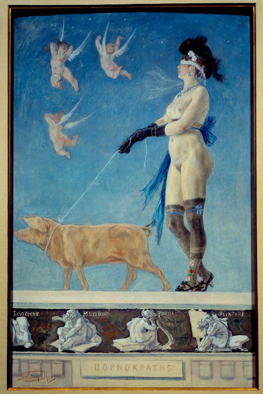 色情片。 一个穿着丝袜的裸体女人被她拴着皮带的猪拉着 - Felicien Rops (1833-1898) Ec Belg 的色情画作 作者 费利西安罗普斯