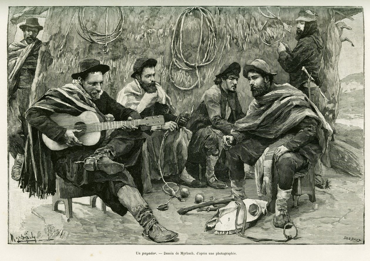A payador，步行歌手的诗词对决。米尔巴哈的版画，为1886年埃米尔-戴罗的《拉普拉塔之旅》故事作插图，载于1888年爱德华-沙尔东（1807-1890）导演的《世界之旅》，巴黎哈切特出版社。 作者 Felicien男爵de Myrbach Rheinfeld