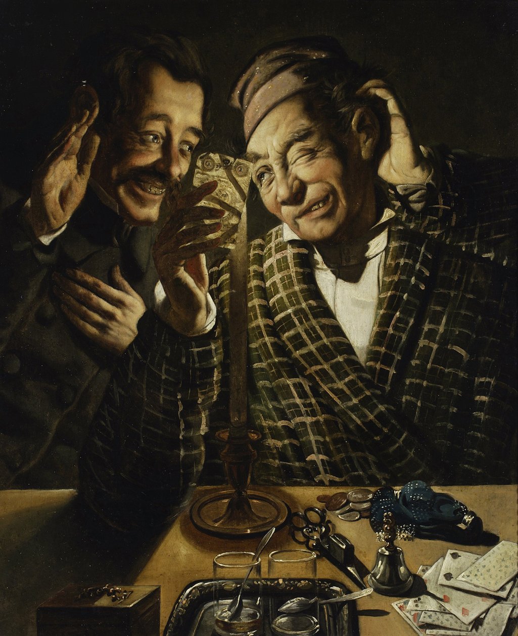 烛光下的赌徒 作者：Peczarski, Feliks (1804-1862)。 布面油画，尺寸：75.5x62 作者 费利克斯·佩查尔斯基