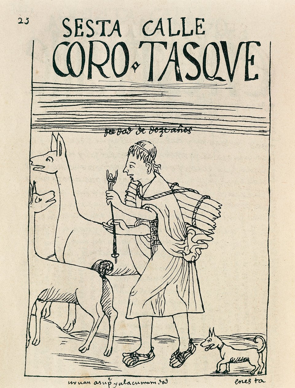 A young man herding llamas and gathering wood (Ink drawing 作者 费利佩·华曼·波马·德·阿亚拉