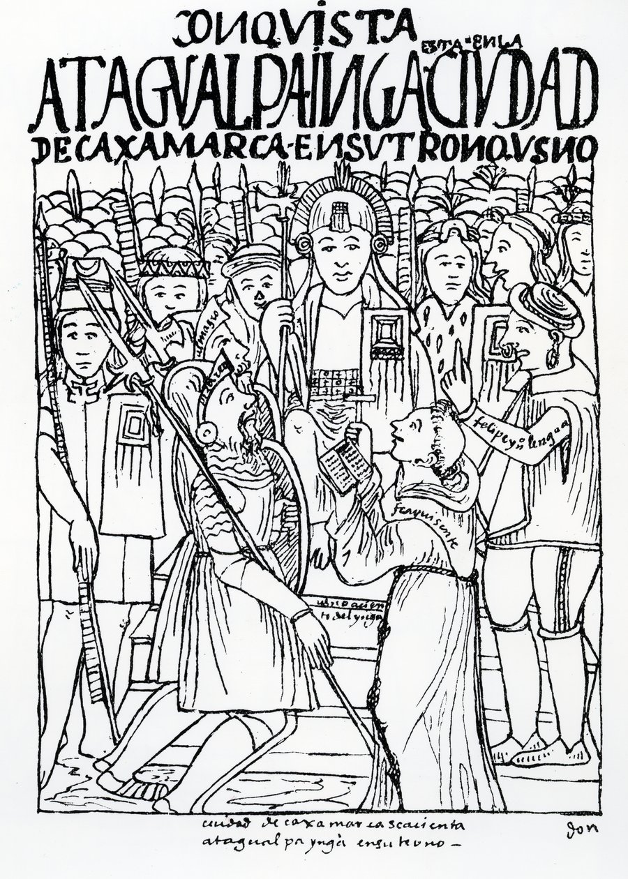 Diego de Almagro，Francisco Pizarro和Friar Vicente de Valverde在Cajamarca的Atahualpa Inca前跪 作者 费利佩·华曼·波马·德·阿亚拉