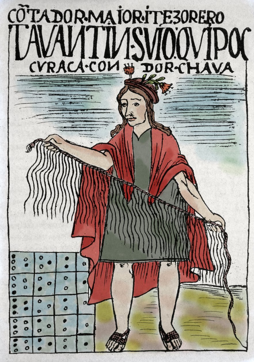Quipu (Quipo Quipou) 绳索和结的印加会计系统，印加文化 1400-1532 AD，手稿由 Felipe Guaman Puma de Ayala (Nueva Coronica y buen Gobierno) 撰写，他是 16 世纪的印度专栏作家。 作者 费利佩·华曼·波马·德·阿亚拉