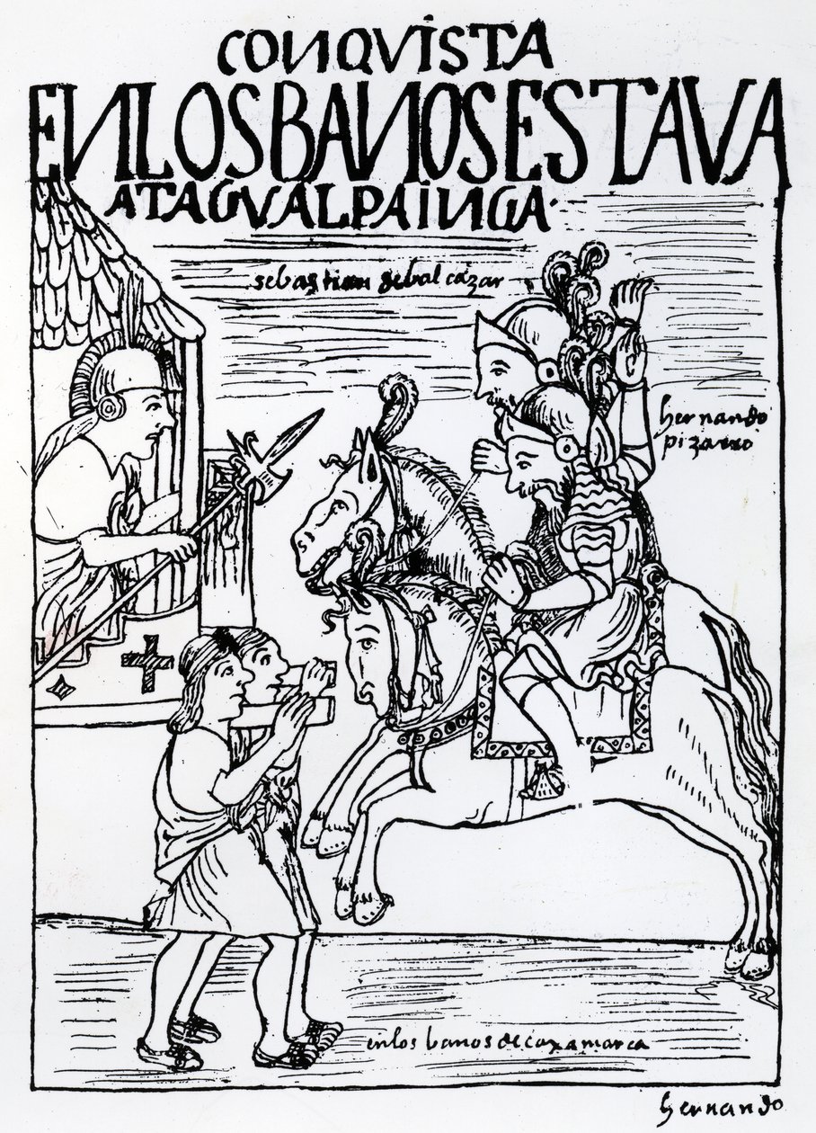 Sebastian de Benalcazar和Hernando Pizarro在Cajamarca（木刻）皇家浴场对抗Atahualpa印加人 作者 费利佩·华曼·波马·德·阿亚拉